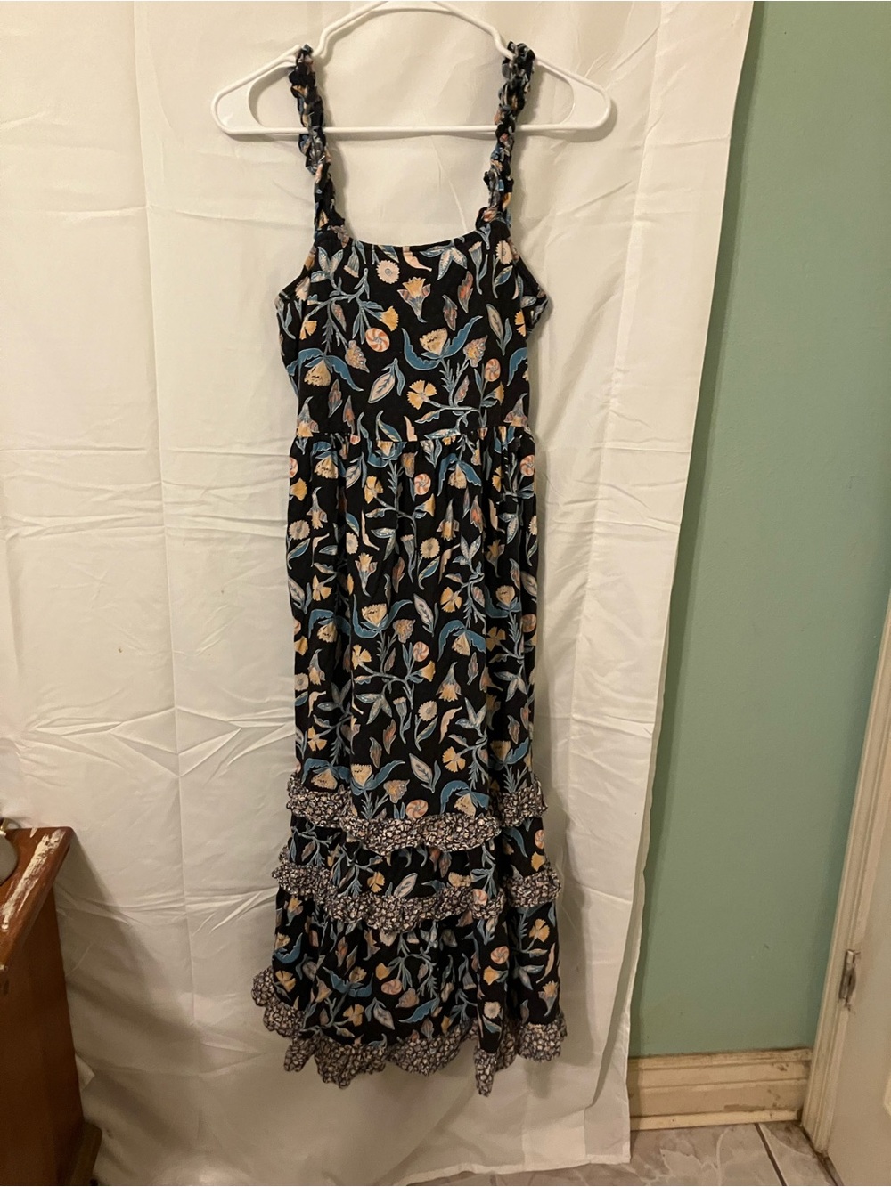 Universal Thread Black Floral Maxi Dress with Blue and Cream Leaves